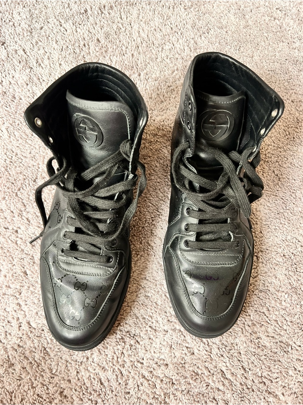 Gucci Black High-Top Leather & Canvas Logo Boots